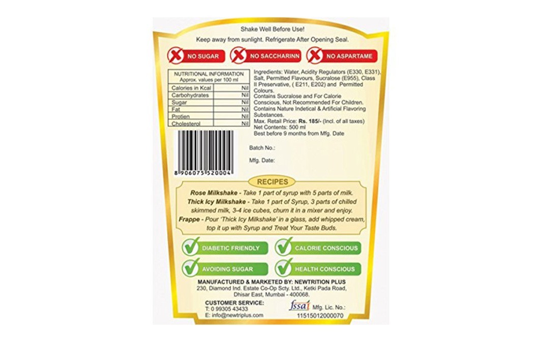 Newtrition Plus Rose Premium Milkshake Syrup   Pack  500 millilitre